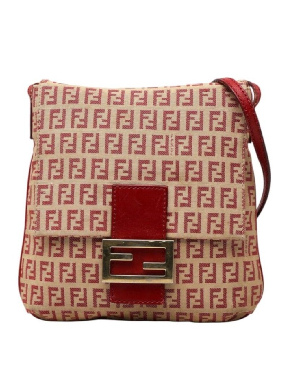 Fendi Zucchino Crossbody Shoulder Bag Red Beige Canvas Leather